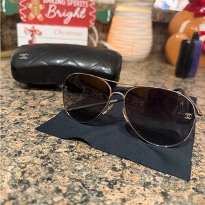 CHANEL Silver Aviator Sunglasses with Black Quilted Case
